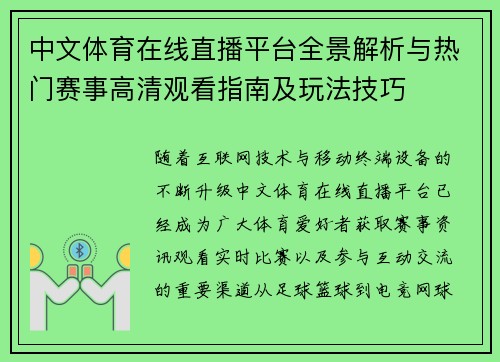 中文体育在线直播平台全景解析与热门赛事高清观看指南及玩法技巧